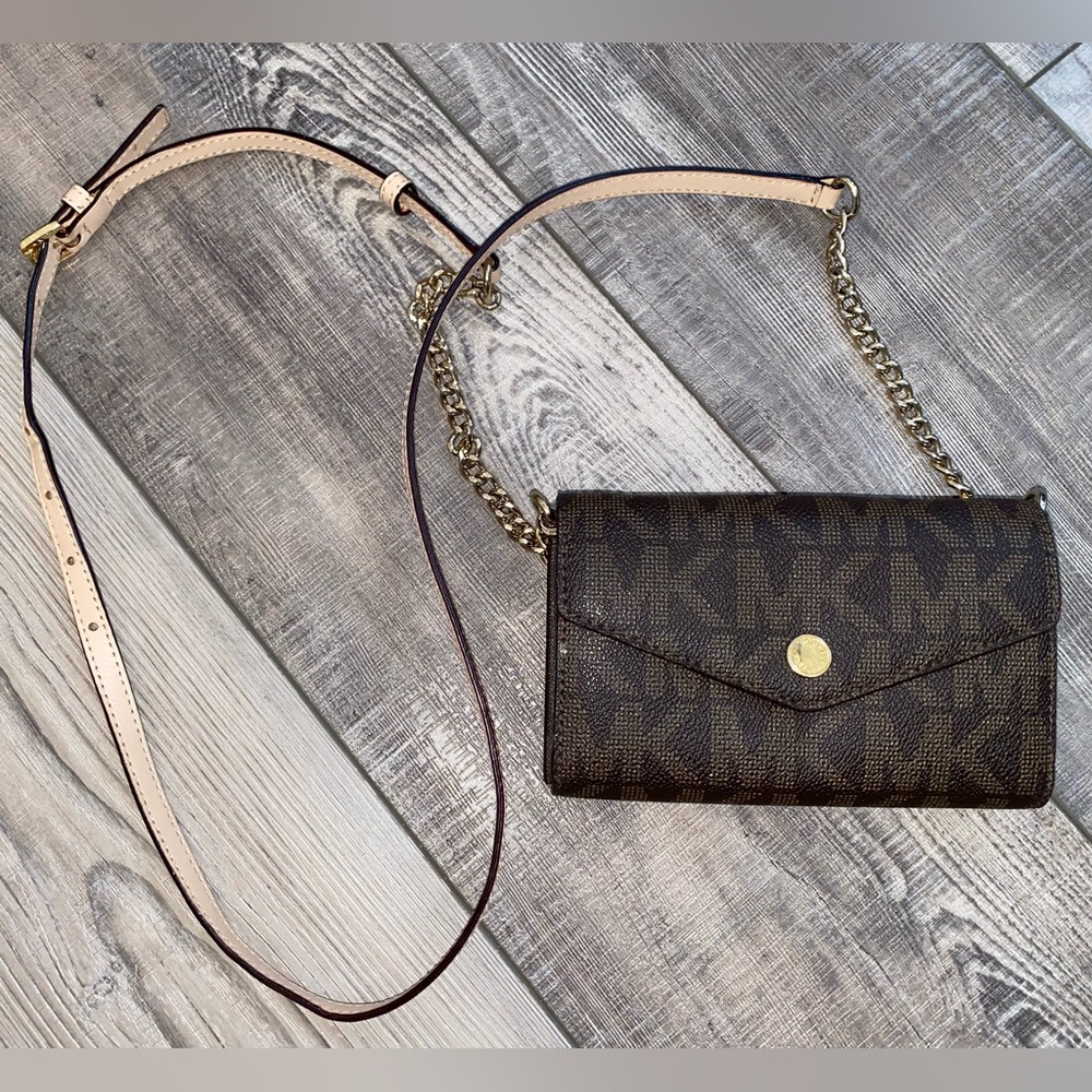 Michael Kors Brown Beige Small Bag Coin Purse Crossbody Gold Chain Strap MK Logo